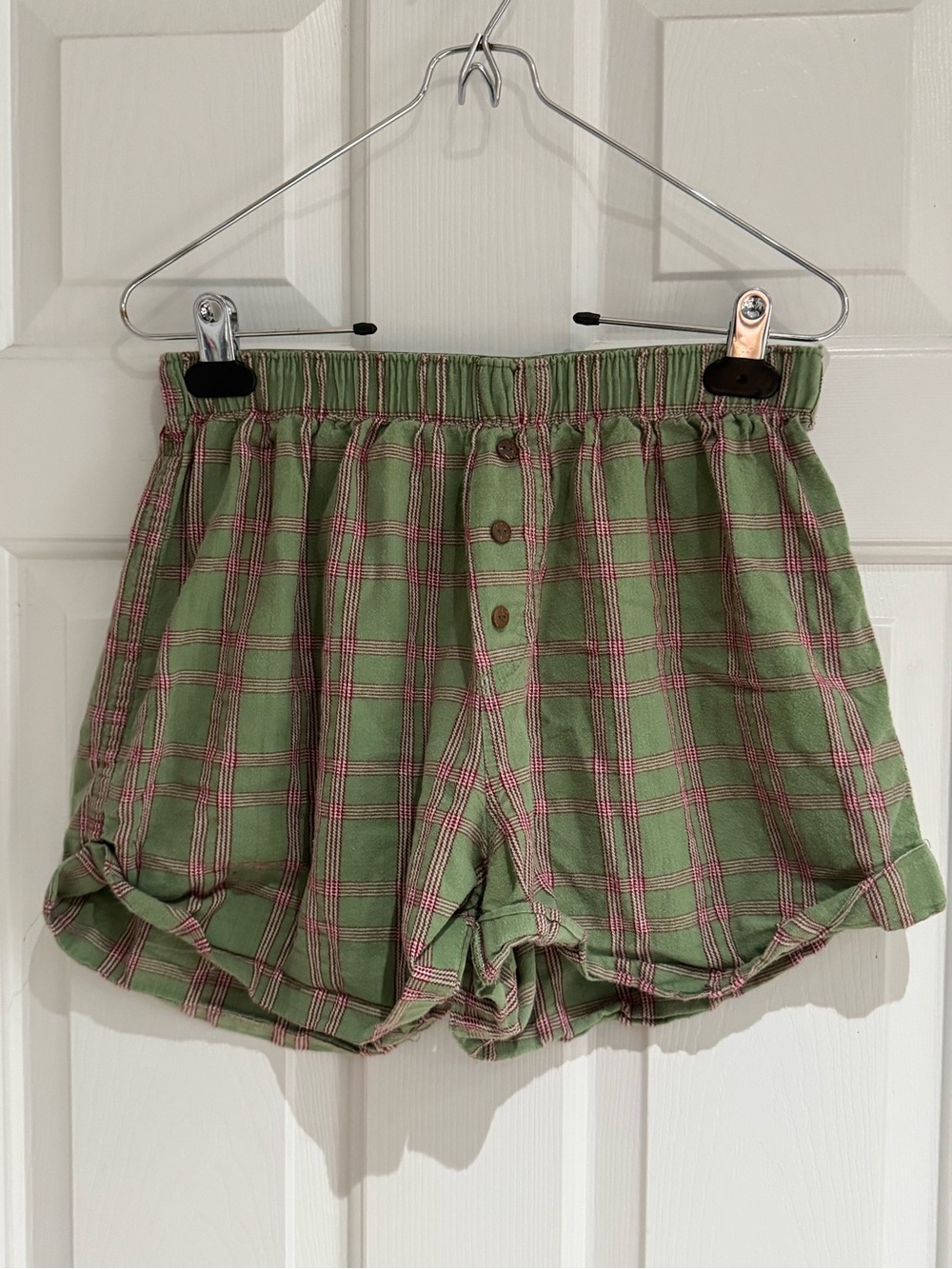 Free People Green Plaid Button-Front Lounge Shorts with Pink Trim